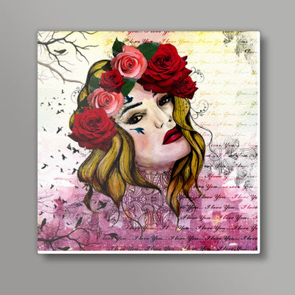 Mixed media flower girl Square Art Prints