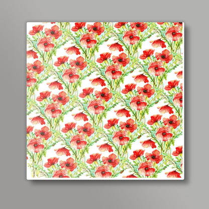 Watercolor Blooming Red Poppies Floral Spring Pattern Background Illustration Square Art Prints