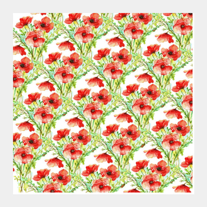 Watercolor Blooming Red Poppies Floral Spring Pattern Background Illustration Square Art Prints