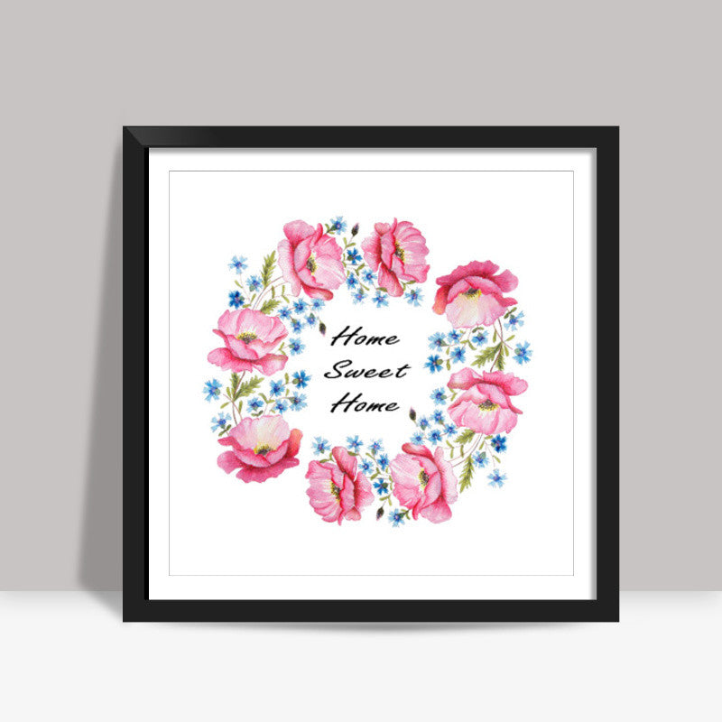 Floral Wreath Home Sweet Home Square Art Print l Artist: Seema Hooda