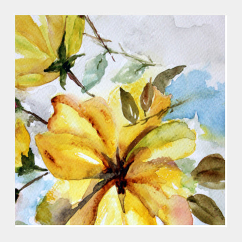 Square Art Prints, Large Yellow Flower Watercolor Floral Painting Square Art Prints