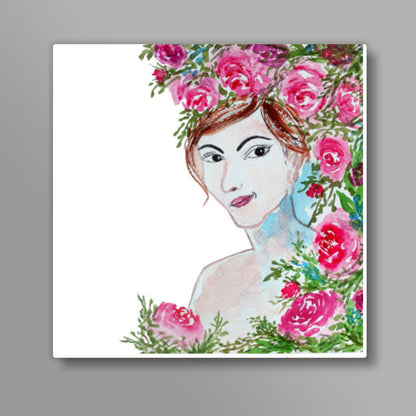 Beautiful Woman Face Illustration Watercolor Painting  Square Art Prints