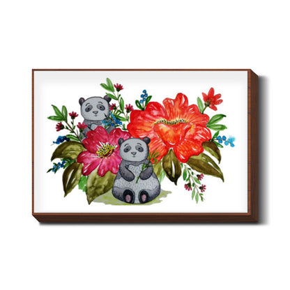 Cute Panda Bear And Flowers Cartoon Animal Background Illustration Wall Art