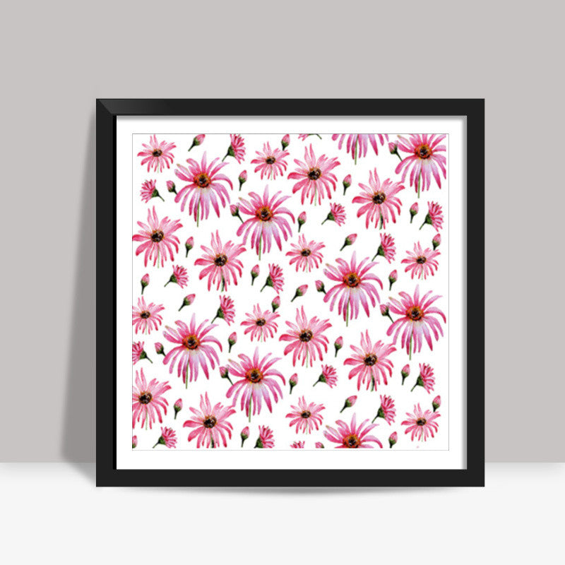 Pink Scattered Daisy Flowers Spring Floral Pattern Square Art Prints