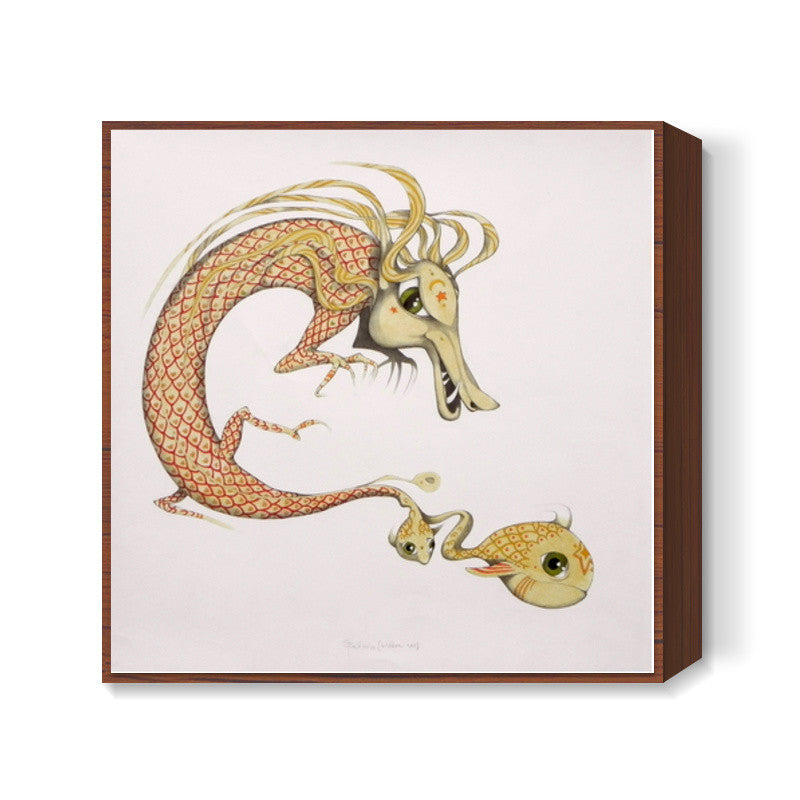 dragon with fish Square Art Prints