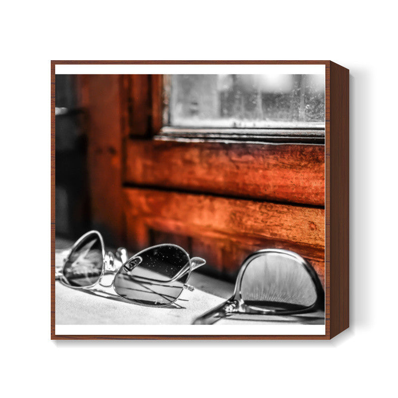 glass by the orange wall Square Art Prints