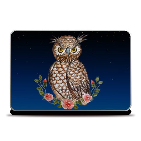 Laptop Skins, Night Owl Cartoon Bird Watercolor Design Illustration  Laptop Skins