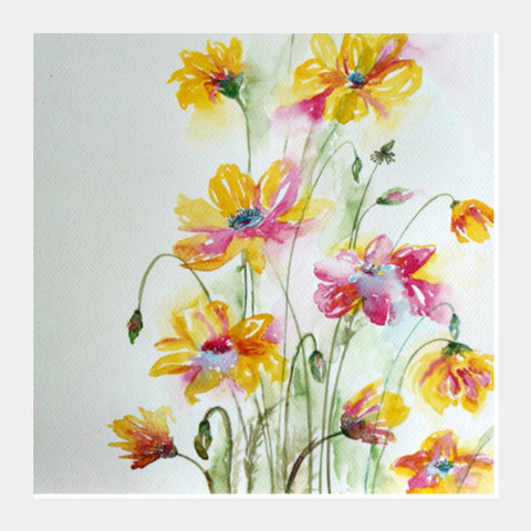 Hand Painted Yellow Spring Flowers Nature Square Art Prints