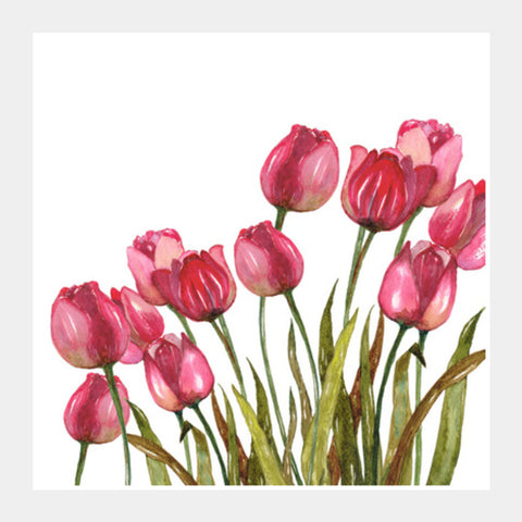 Pink Tulips Painted Spring Bouquet Watercolor Floral  Square Art Prints