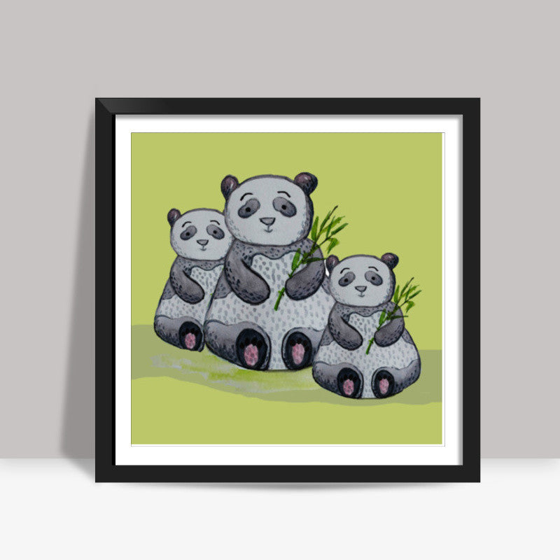 Cute Panda Bear Trio Painted Cartoon Animal Poster For Children  Square Art Prints