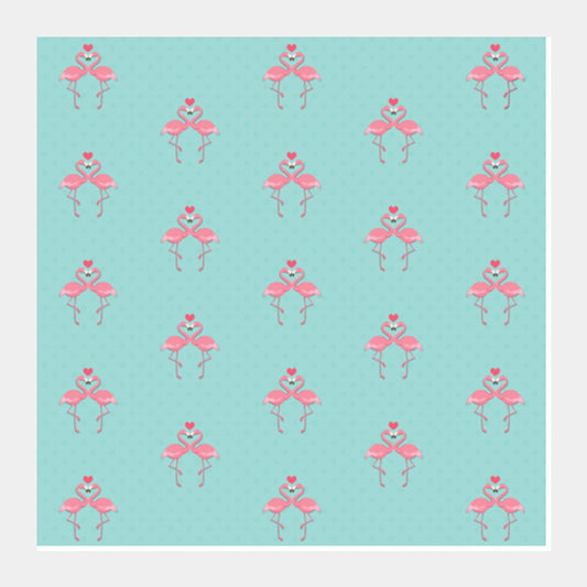 Blue - Dots with Flamingo  Square Art Prints