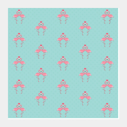 Blue - Dots with Flamingo  Square Art Prints