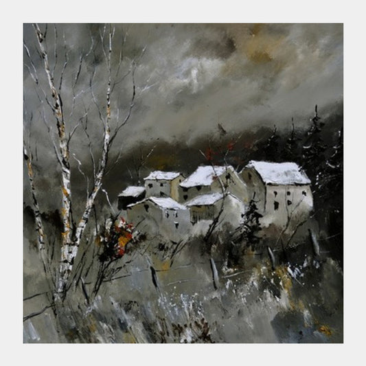 village in the snow Square Art Prints