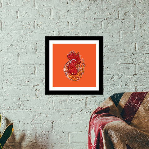 Rooster on fire Premium Square Italian Wooden Frames