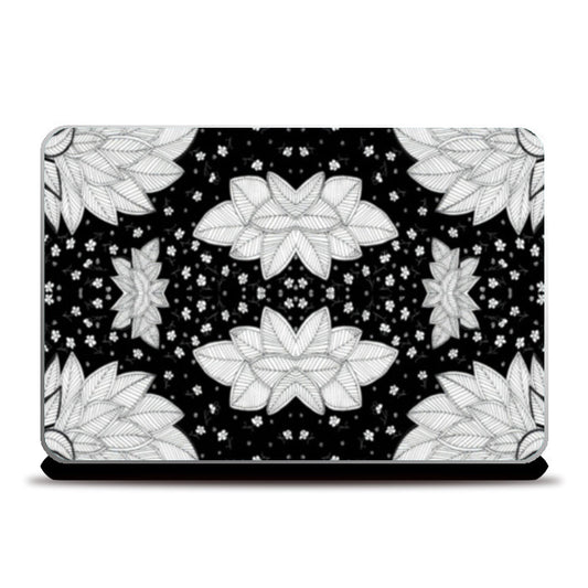 Modern Doodle Art Floral Leaves Pattern Black And White Design Laptop Skins