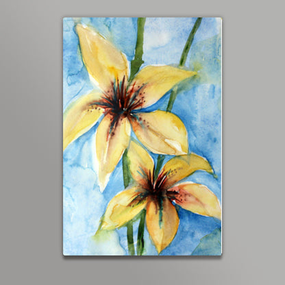 Twin Yellow Lily Flowers Watercolor Painting Wall Art