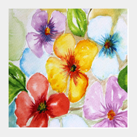 Square Art Prints, Tropical Watercolor Flowers Spring Design Floral Background Square Art Prints