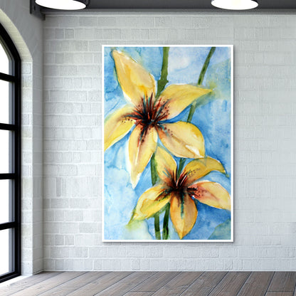 Twin Yellow Lily Flowers Watercolor Painting Wall Art