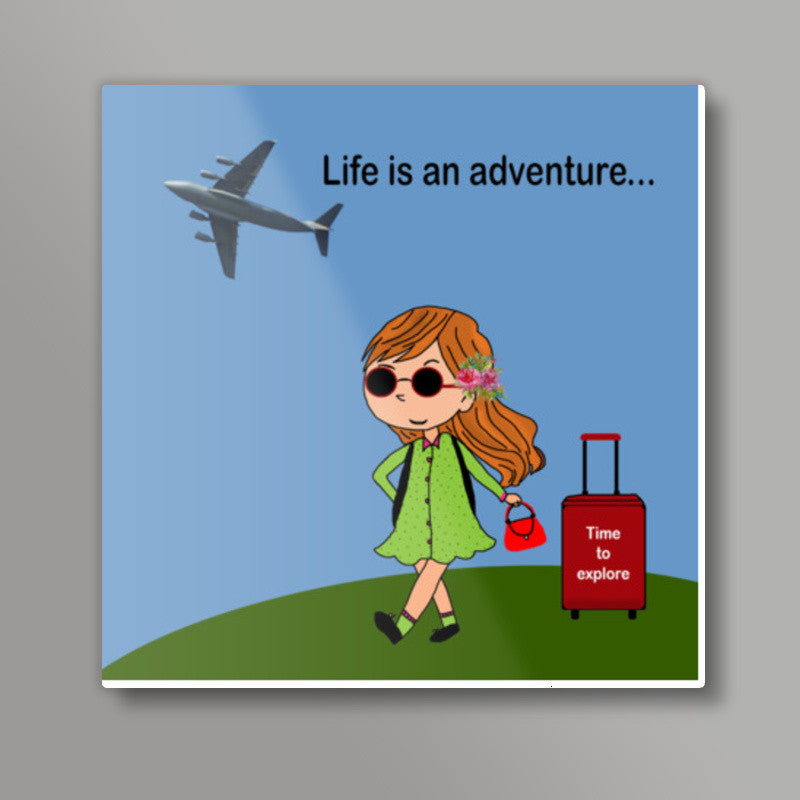 Adventure Quote Cartoon Girl And Travel Suitcase Illustration Square Art Prints