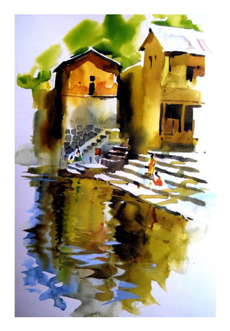Village River Painting Wall Art