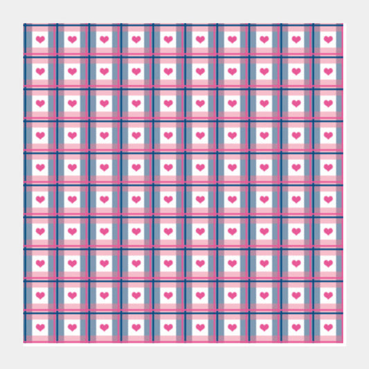 Square Art Prints, Cute Pink Hearts Plaid Checkered Love Pattern Square Art Prints