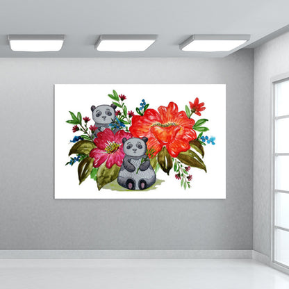 Cute Panda Bear And Flowers Cartoon Animal Background Illustration Wall Art