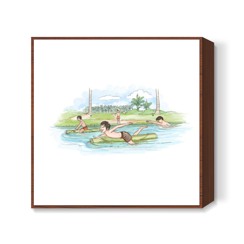 Memories - Swimming with a banyan trunk Square Art Prints