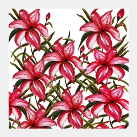 Square Art Prints, Pink Flowers And Leaves Painted Floral Nature Pattern Square Art Prints