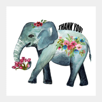 Cute Floral Baby Elephant Animal Art Hand Painted Design Thank You Illustration Square Art Prints