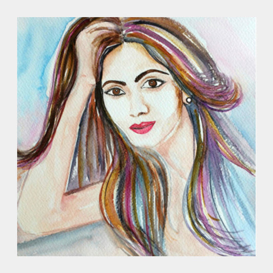 Beautiful Woman Face Hand painted Watercolor Fashion Illustration Square Art Prints