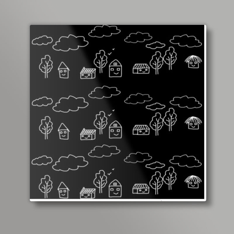 Tribal Art Black And White Happy Houses Square Art Prints