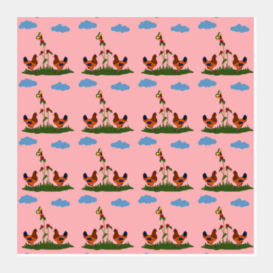 Cute Farm Chicken Hen Nursery Pattern Square Art Prints