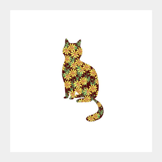 Floral Cat Watercolor Silhouette Pattern Square Art Prints