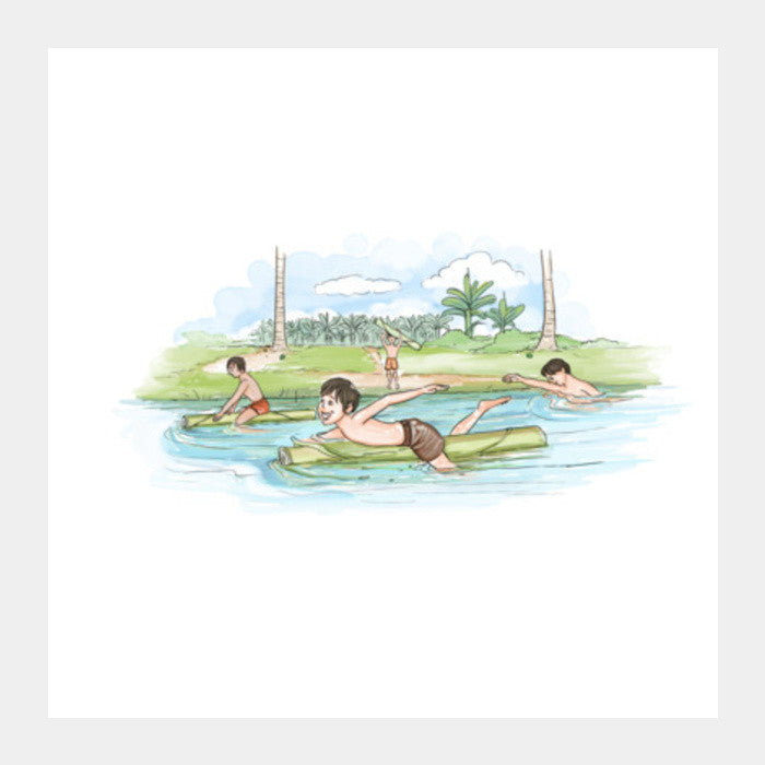 Memories - Swimming with a banyan trunk Square Art Prints