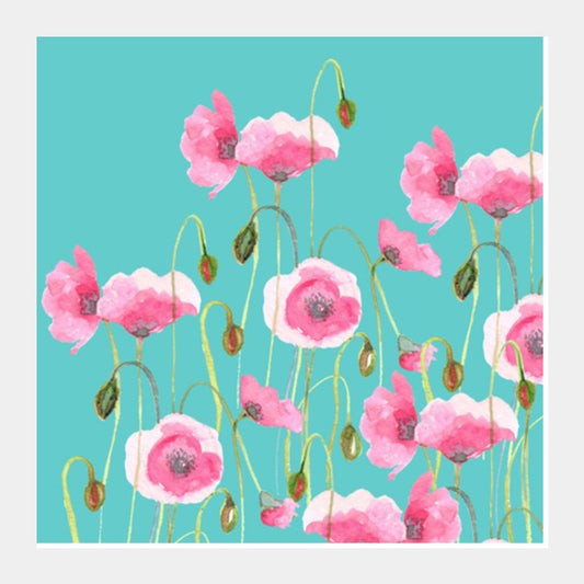 Abstract Pink Poppies Nature Painting Mint Floral Botanical Square Art Prints