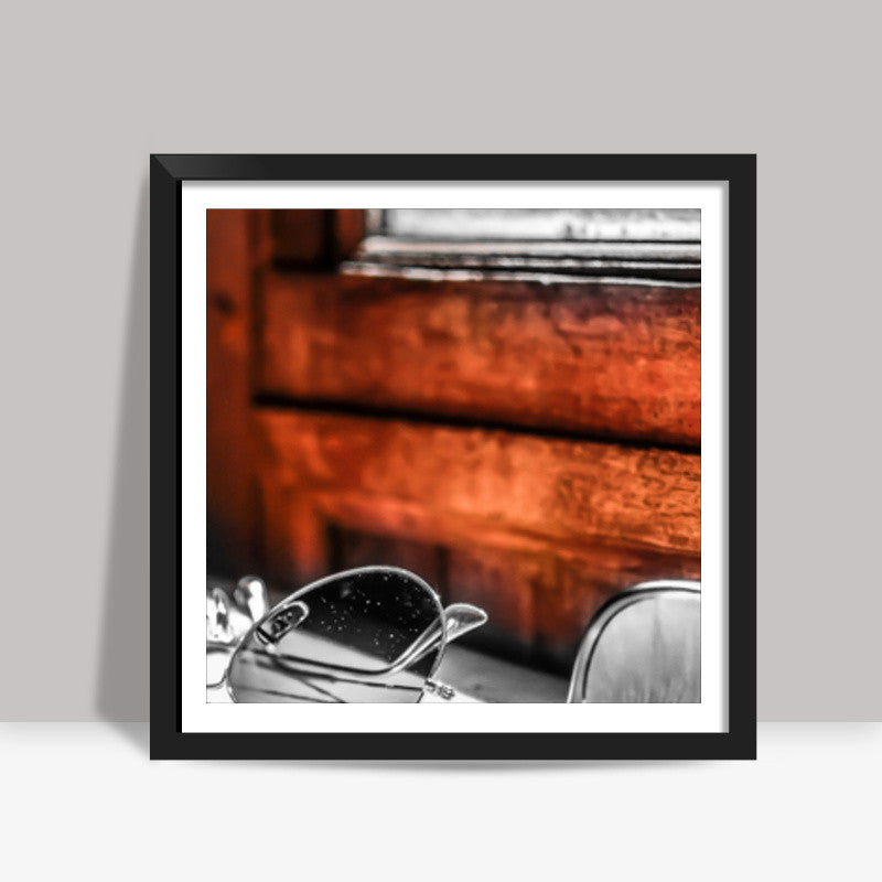 glass by the orange wall Square Art Prints