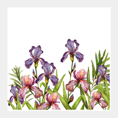 Beautiful Iris Flowers Watercolor Painting Floral Illustration Background Square Art Prints