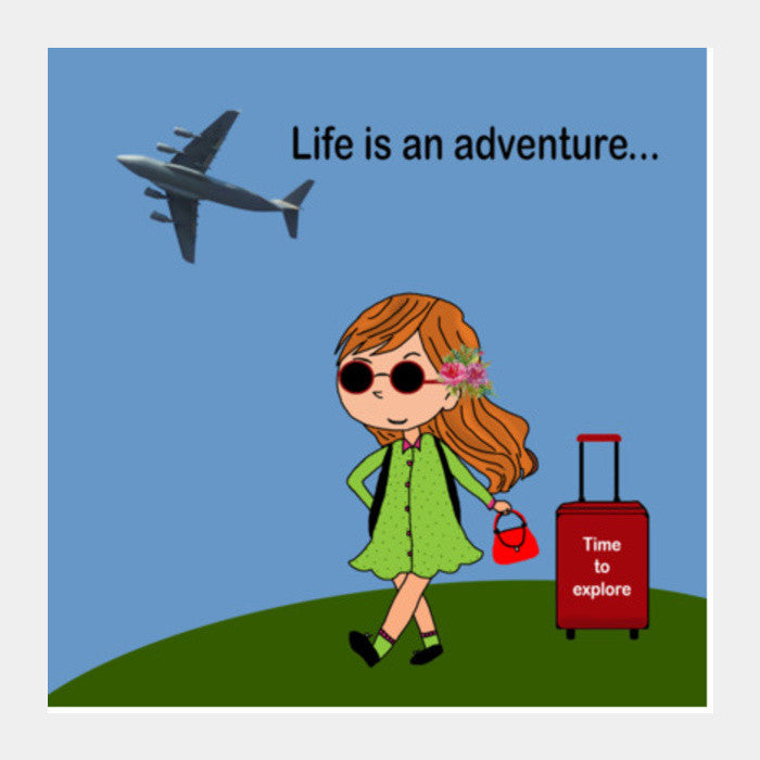 Adventure Quote Cartoon Girl And Travel Suitcase Illustration Square Art Prints