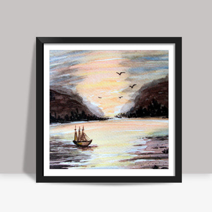 Sunset Landscape Watercolor Painting Square Art Prints