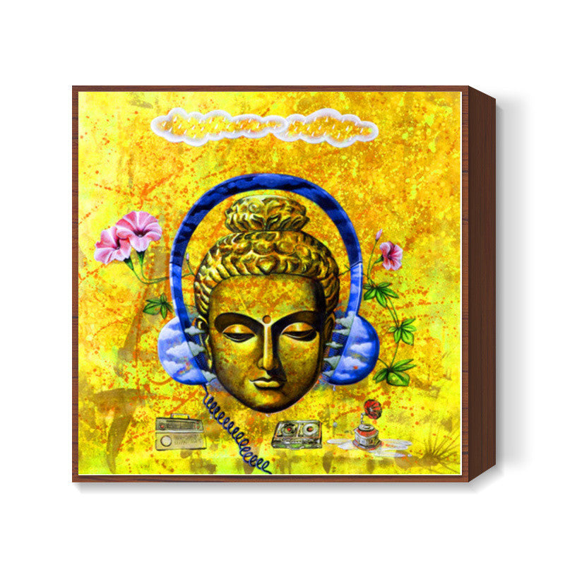 headphone buddha yellow Square Art Prints