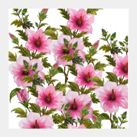 Beautiful Pink Hibiscus Flowers Watercolor Artwork Tropical Floral Pattern Square Art Prints