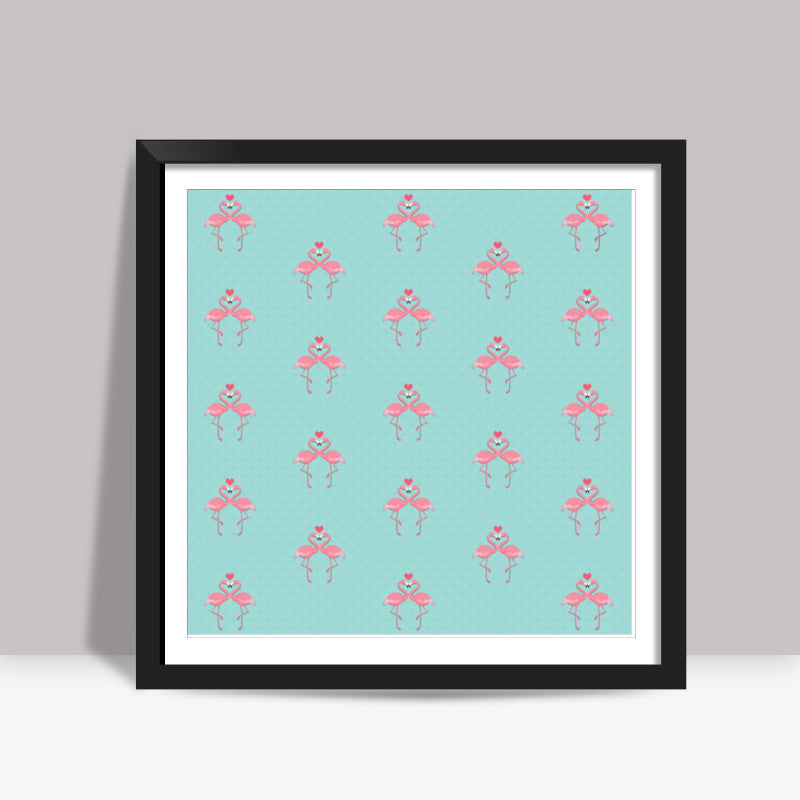 Blue - Dots with Flamingo  Square Art Prints