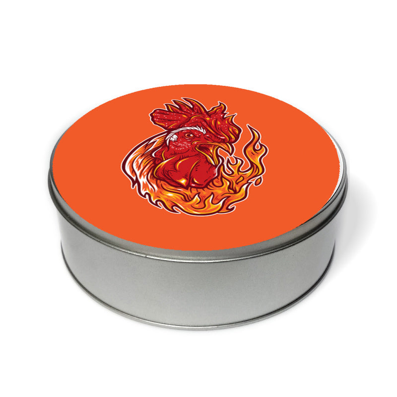 Rooster on fire Tin Can