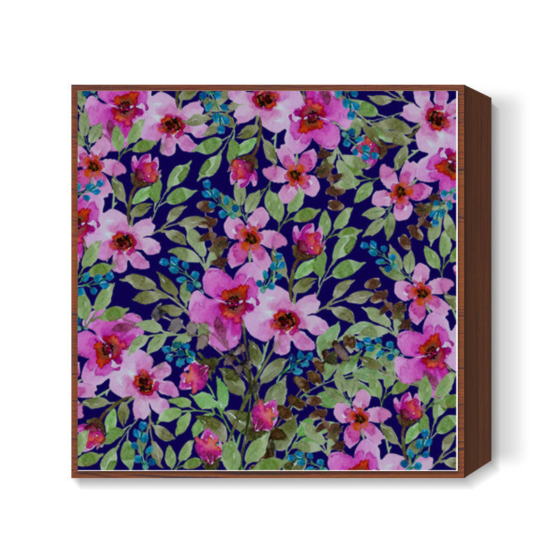 Beautiful Watercolor Spring Floral Navy Retro Background Pattern Square Art Prints