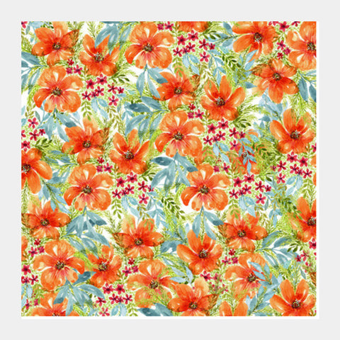 Orange Watercolor Flowers Painting Spring Background Floral Pattern Square Art Prints