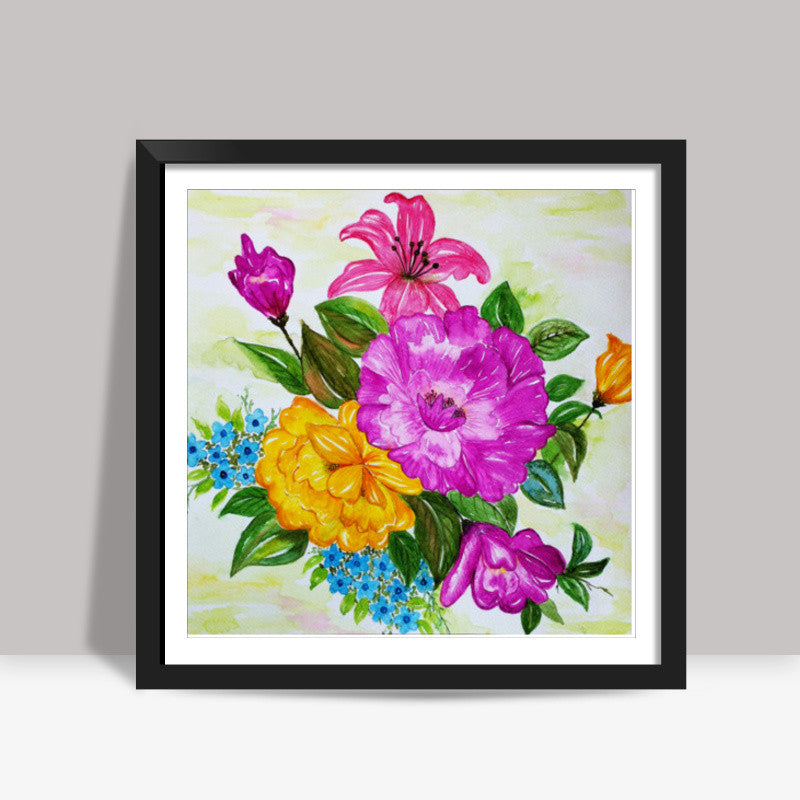 Colorful Summer Flower Bouquet Watercolor Painting Square Art Prints