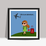 Adventure Quote Cartoon Girl And Travel Suitcase Illustration Square Art Prints