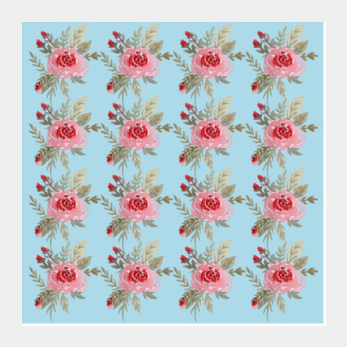 Mint Blue Pink Rose Floral Background Pattern  Square Art Prints