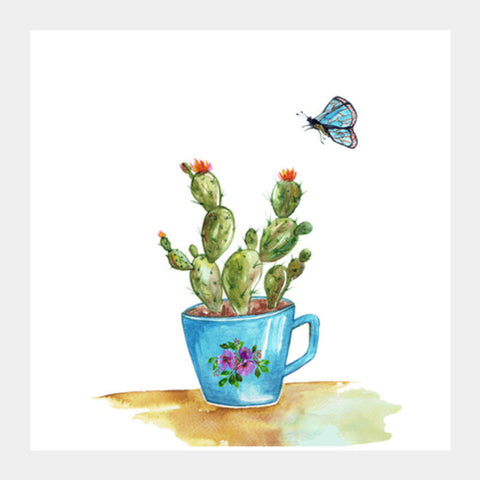 Cactus In A Teacup Painting Watercolor Illustration Square Art Prints