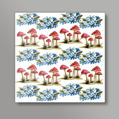 Mushrooms And Flowers Pattern Square Art Prints